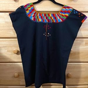 Mexican Chiapas hand embroidered blouse 100 cotton black light manta fabric